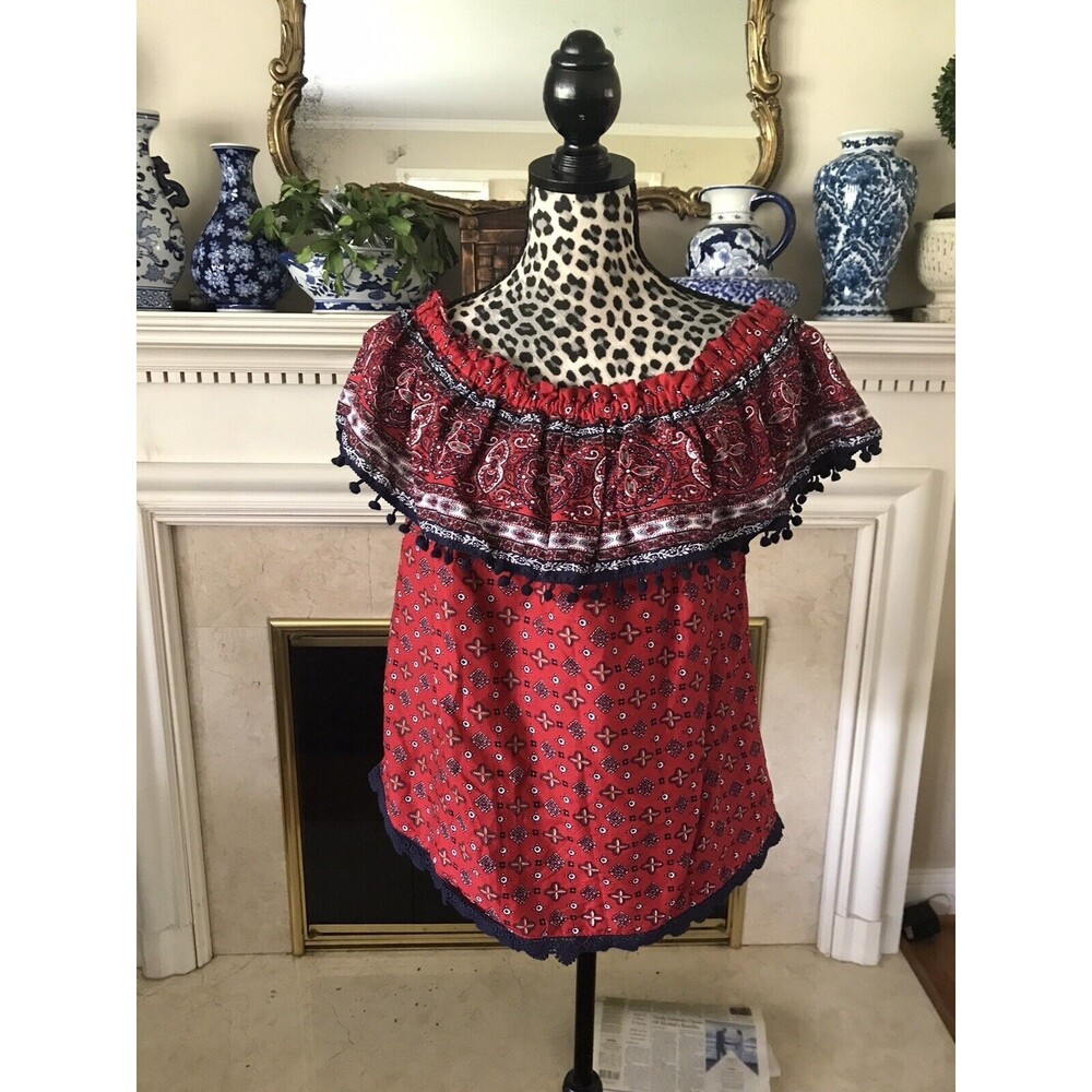 CARIBBEAN JOE Women's Red/White/Blue Tunic Top V-Neck Cap Sleeve Lace up Medium